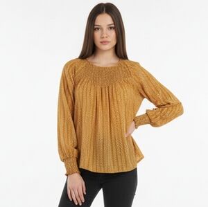 Lucky Brand Mustard Yellow Smocked Chest and Cuffs Long Sleeve Flare Top L (B24)